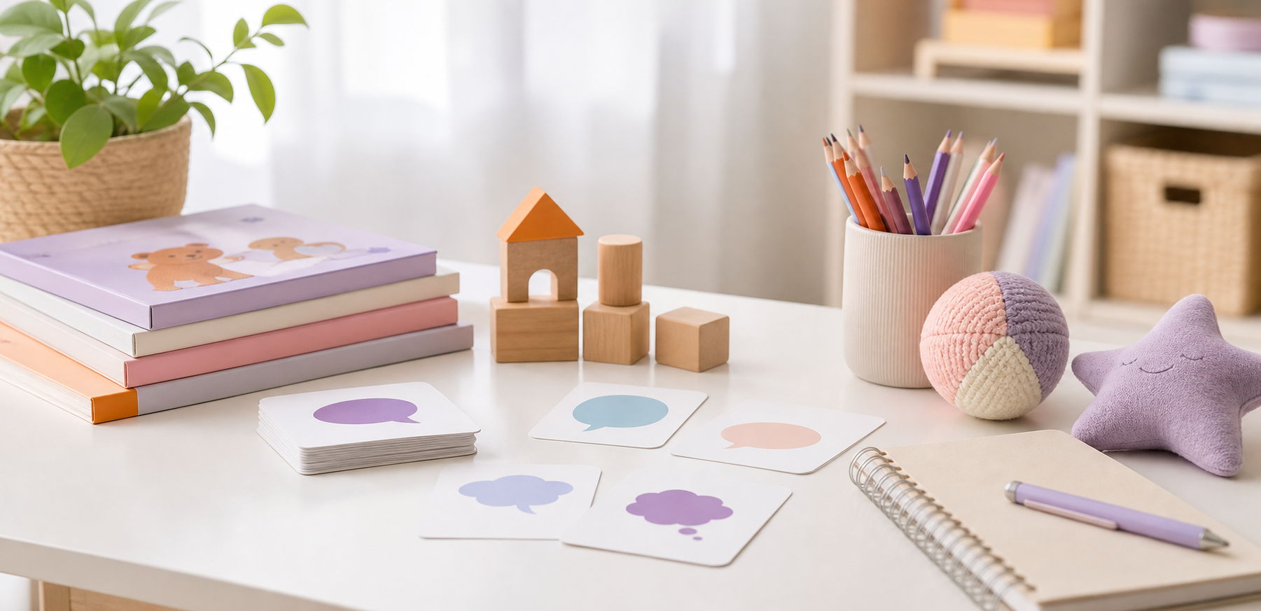 Materiales terapéuticos infantiles en una mesa clara y ordenada